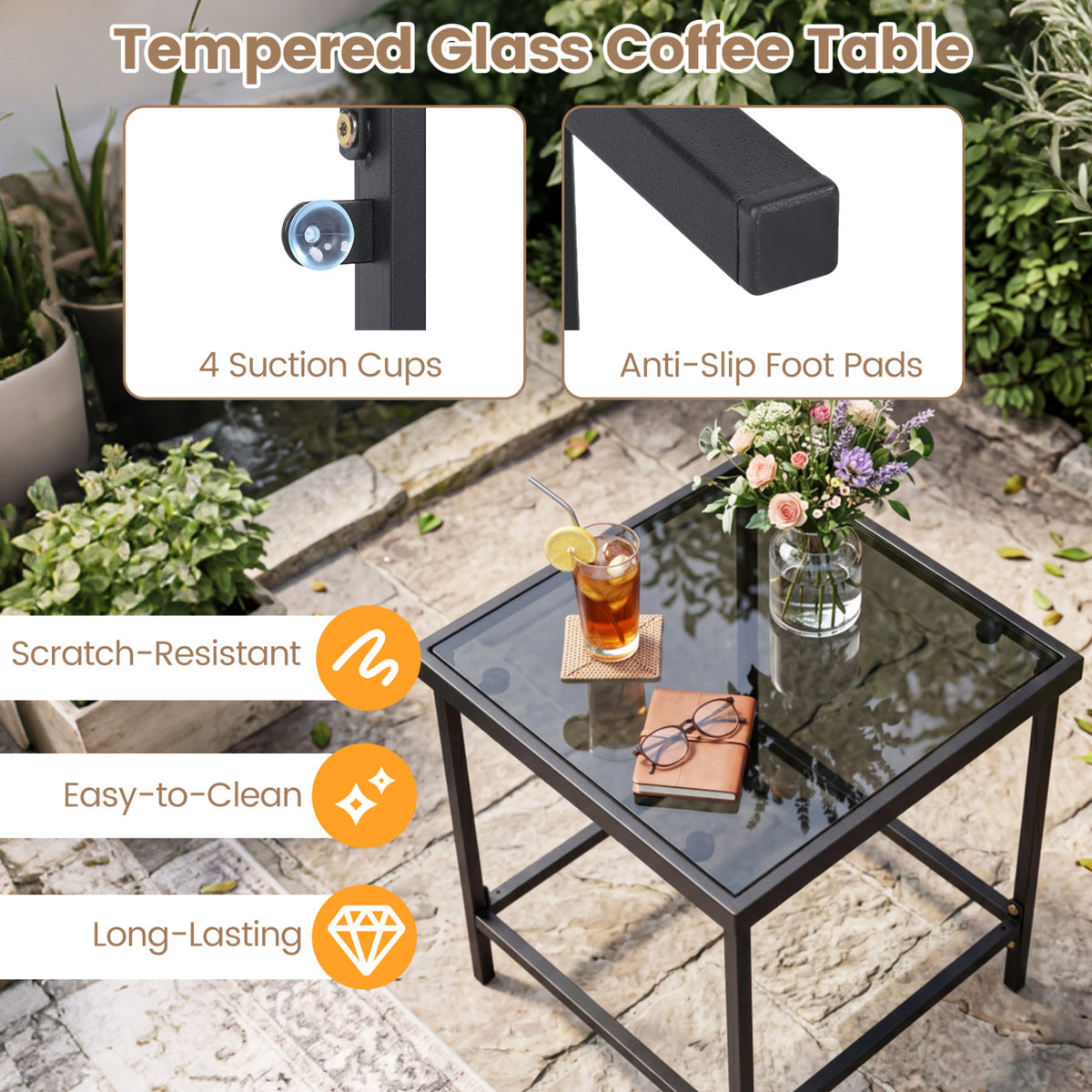 3-Piece Outdoor Rocking Bistro Set with Soft Cushions and Tempered Glass Table-Dark view 8