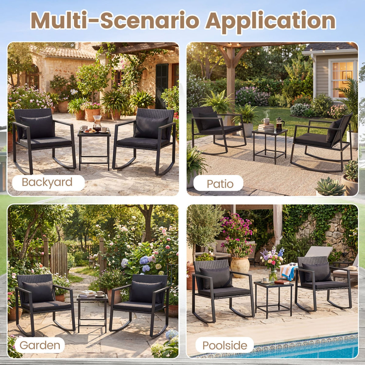 3-Piece Outdoor Rocking Bistro Set with Soft Cushions and Tempered Glass Table-Dark view 9