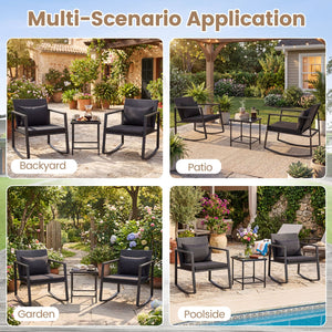 3-Piece Outdoor Rocking Bistro Set with Soft Cushions and Tempered Glass Table-Dark view 9