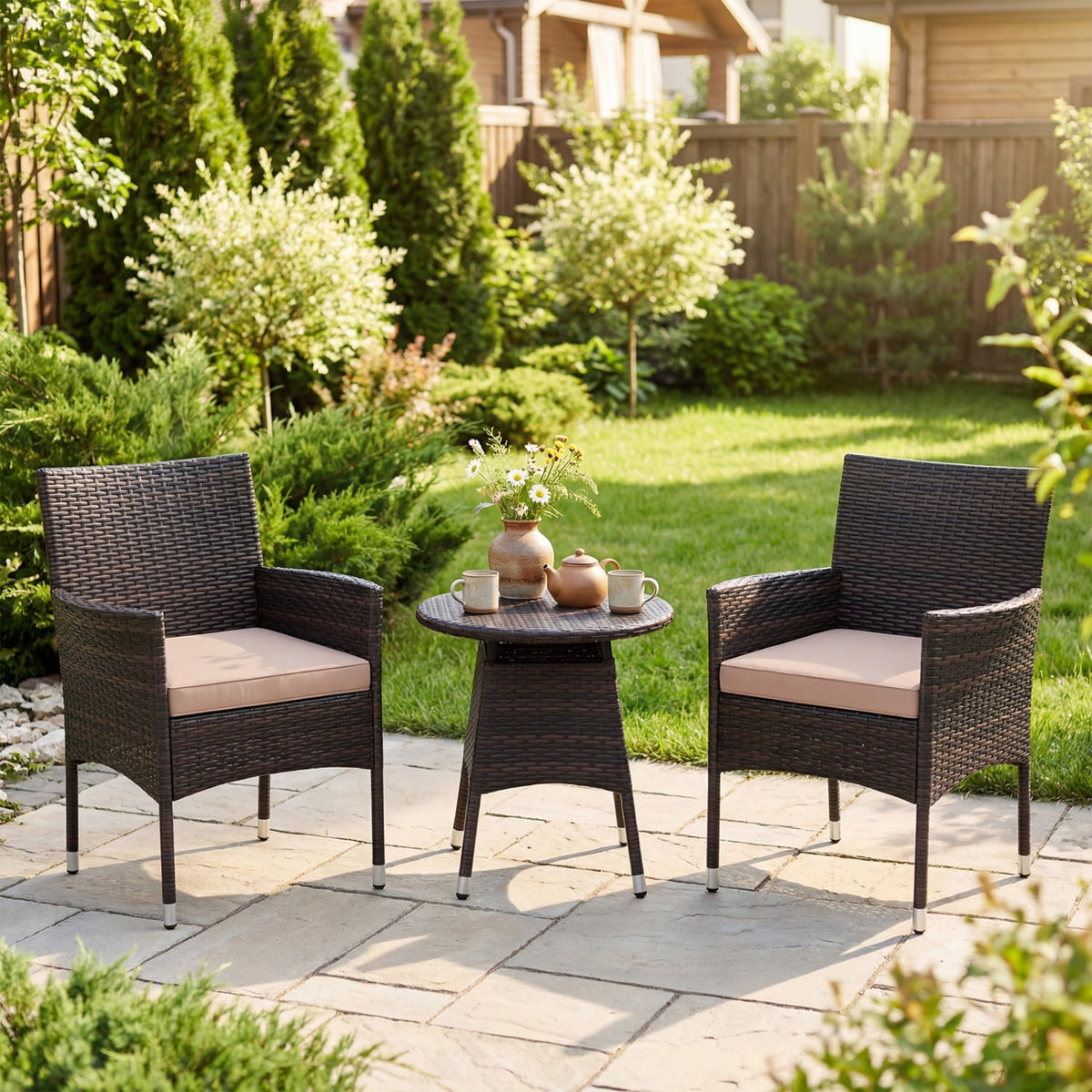 3 Piece Patio Furniture Set Outside Bistro Set for Porch-Beige view 2