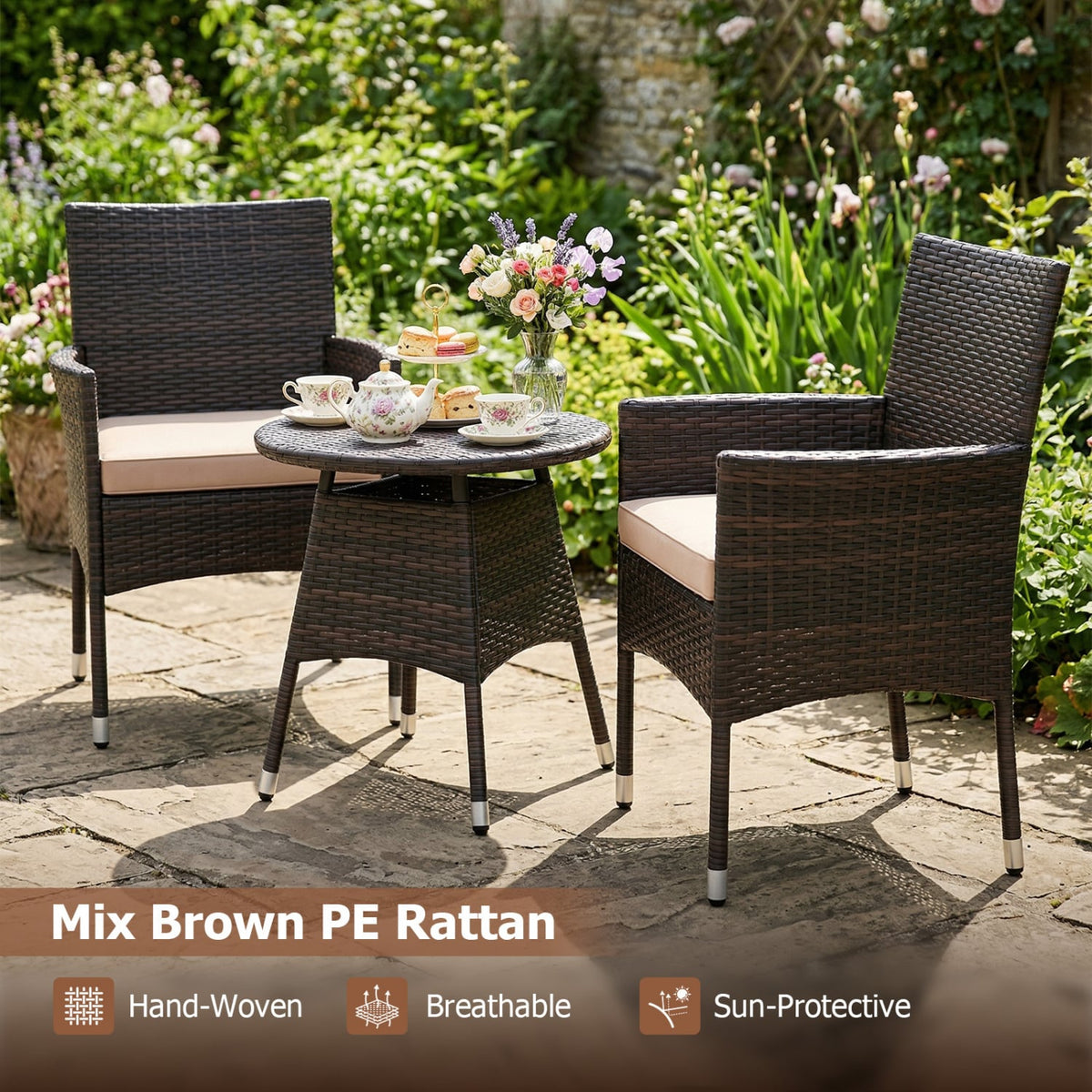 3 Piece Patio Furniture Set Outside Bistro Set for Porch-Beige view 8