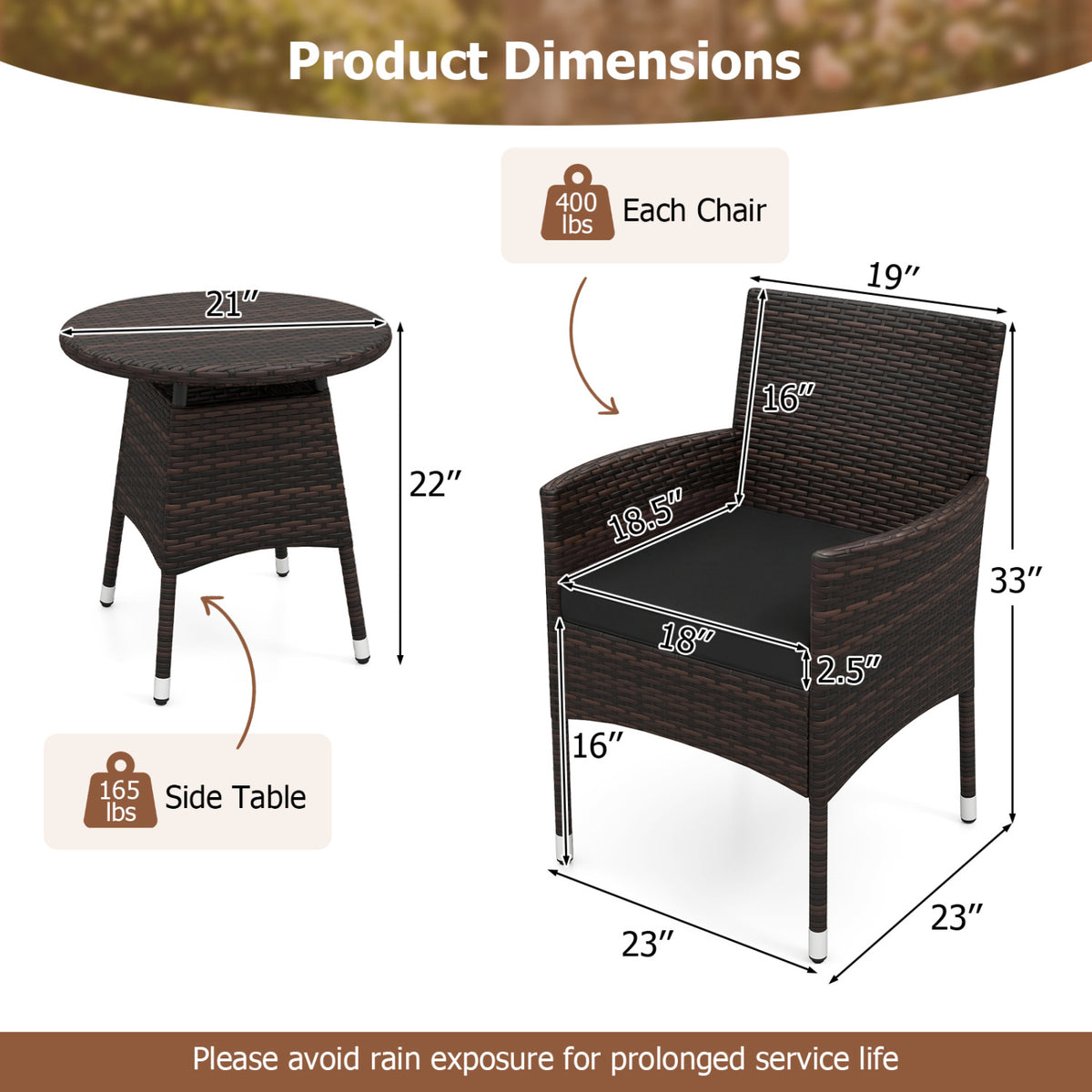 3 Piece Patio Furniture Set Outside Bistro Set for Porch-Black view 5