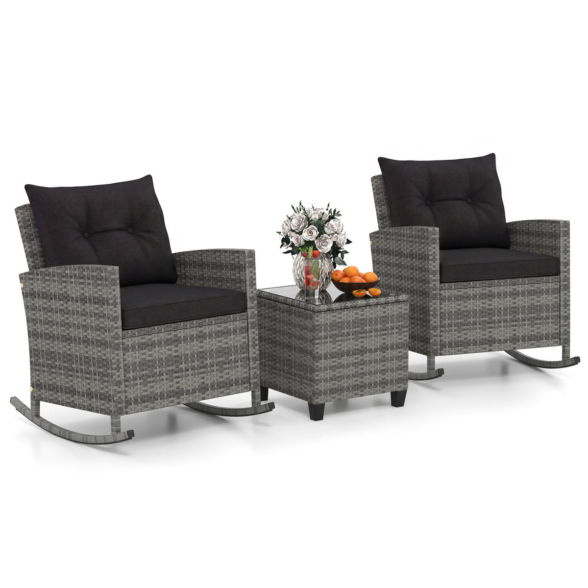 3-Piece Patio Rattan Roker Chairs with Tempered Glass Table and Soft Cushions-Mix Gray-Black view 4
