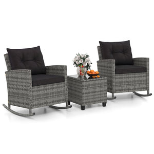 3-Piece Patio Rattan Roker Chairs with Tempered Glass Table and Soft Cushions-Mix Gray-Black view 4