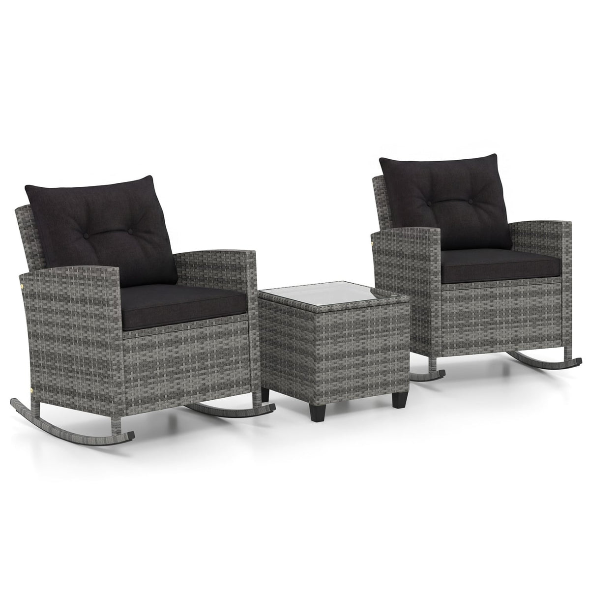 3-Piece Patio Rattan Roker Chairs with Tempered Glass Table and Soft Cushions-Mix Gray-Black