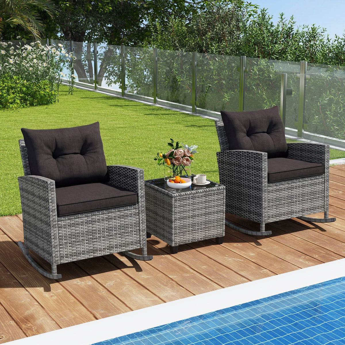 3-Piece Patio Rattan Roker Chairs with Tempered Glass Table and Soft Cushions-Mix Gray-Black view 3
