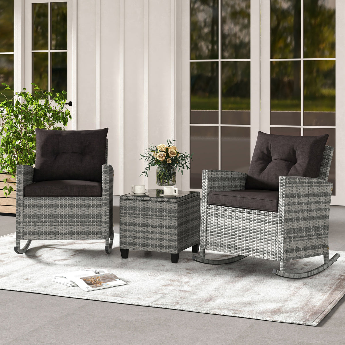 3-Piece Patio Rattan Roker Chairs with Tempered Glass Table and Soft Cushions-Mix Gray-Black view 2