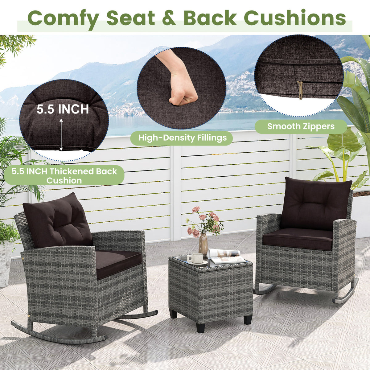3-Piece Patio Rattan Roker Chairs with Tempered Glass Table and Soft Cushions-Mix Gray-Black view 7