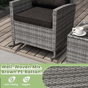 3-Piece Patio Rattan Roker Chairs with Tempered Glass Table and Soft Cushions-Mix Gray-Black view 8