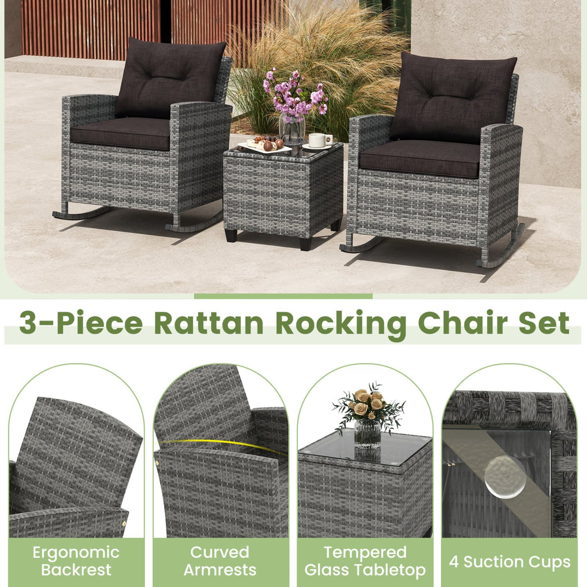 3-Piece Patio Rattan Roker Chairs with Tempered Glass Table and Soft Cushions-Mix Gray-Black view 9