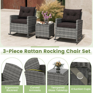 3-Piece Patio Rattan Roker Chairs with Tempered Glass Table and Soft Cushions-Mix Gray-Black view 9