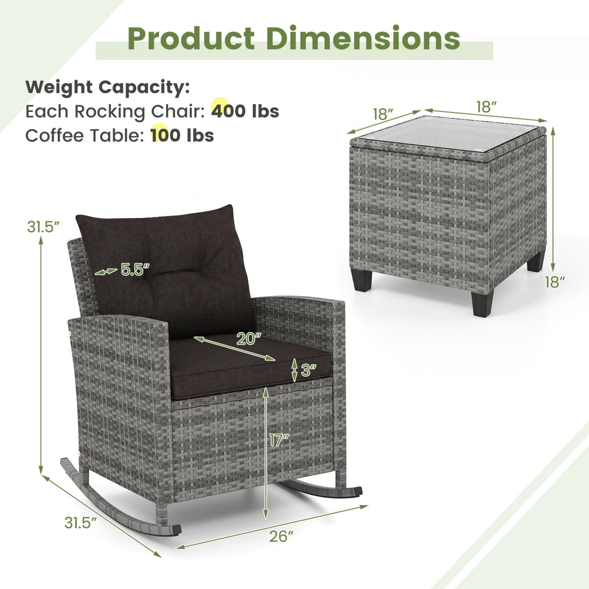 3-Piece Patio Rattan Roker Chairs with Tempered Glass Table and Soft Cushions-Mix Gray-Black view 5