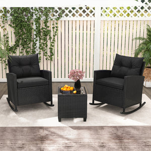 3-Piece Patio Rattan Roker Chairs with Tempered Glass Table and Soft Cushions-Black & Brown view 2