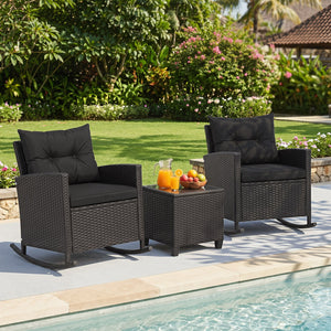 3-Piece Patio Rattan Roker Chairs with Tempered Glass Table and Soft Cushions-Black & Brown view 3