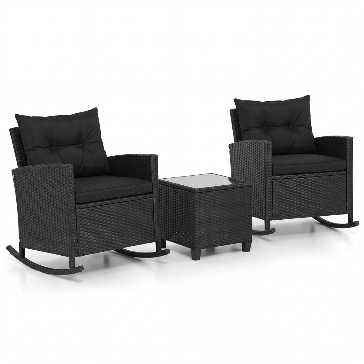 3-Piece Patio Rattan Roker Chairs with Tempered Glass Table and Soft Cushions-Black & Brown
