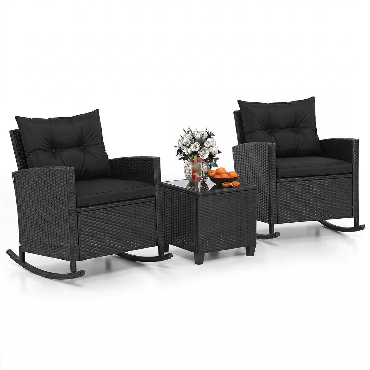 3-Piece Patio Rattan Roker Chairs with Tempered Glass Table and Soft Cushions-Black & Brown view 4