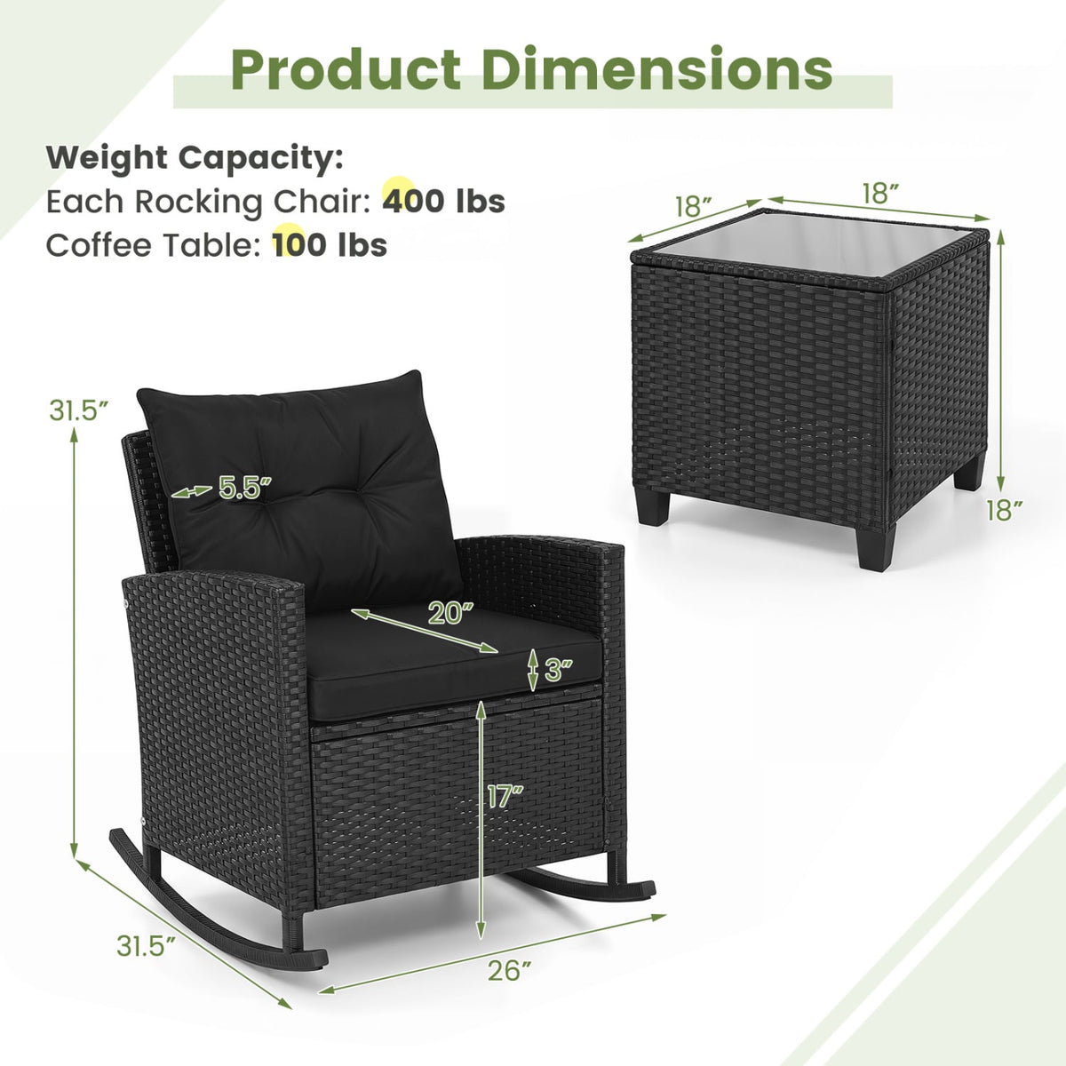 3-Piece Patio Rattan Roker Chairs with Tempered Glass Table and Soft Cushions-Black & Brown view 5