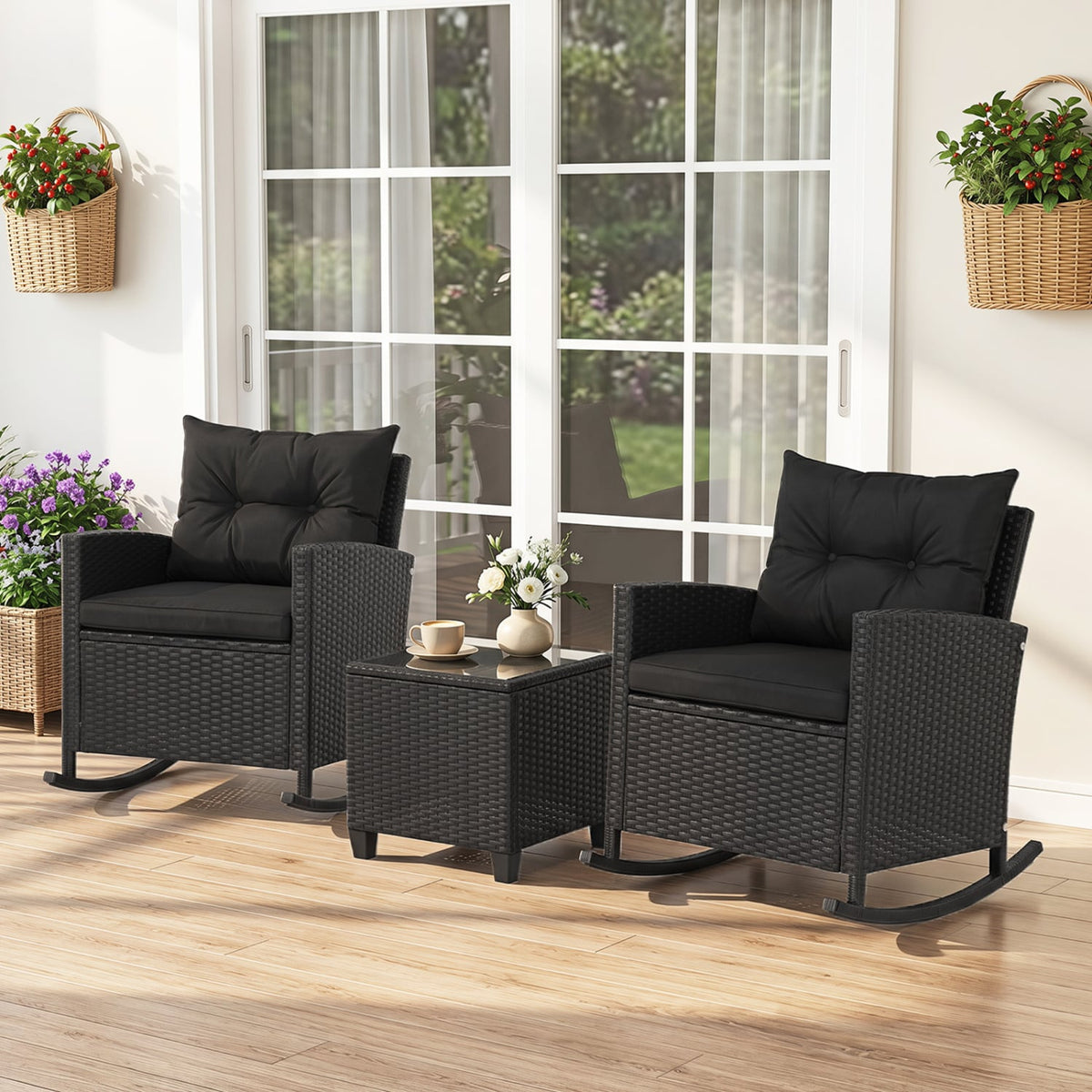3-Piece Patio Rattan Roker Chairs with Tempered Glass Table and Soft Cushions-Black & Brown view 6