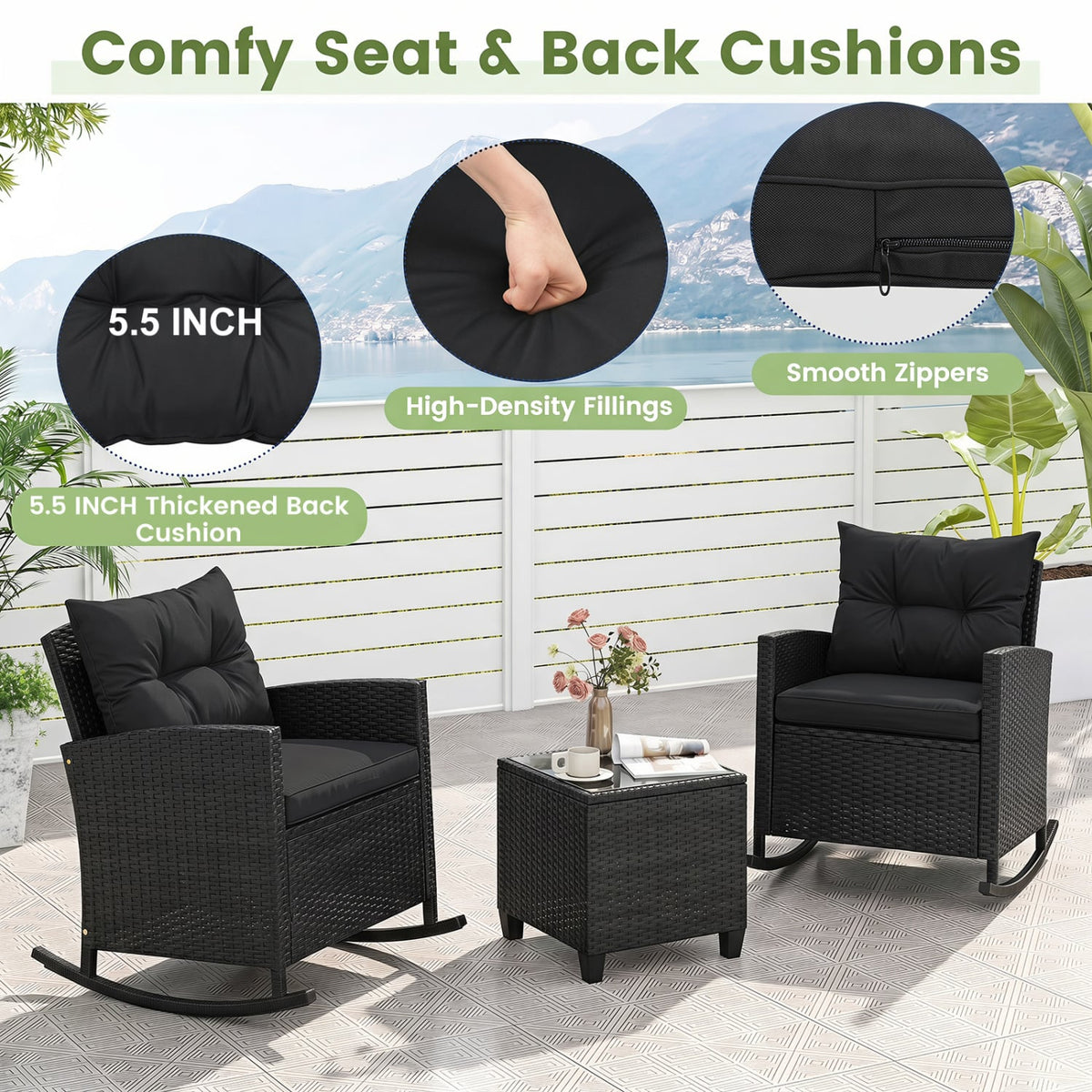 3-Piece Patio Rattan Roker Chairs with Tempered Glass Table and Soft Cushions-Black & Brown view 8