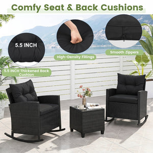 3-Piece Patio Rattan Roker Chairs with Tempered Glass Table and Soft Cushions-Black & Brown view 8