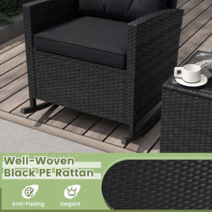3-Piece Patio Rattan Roker Chairs with Tempered Glass Table and Soft Cushions-Black & Brown view 9