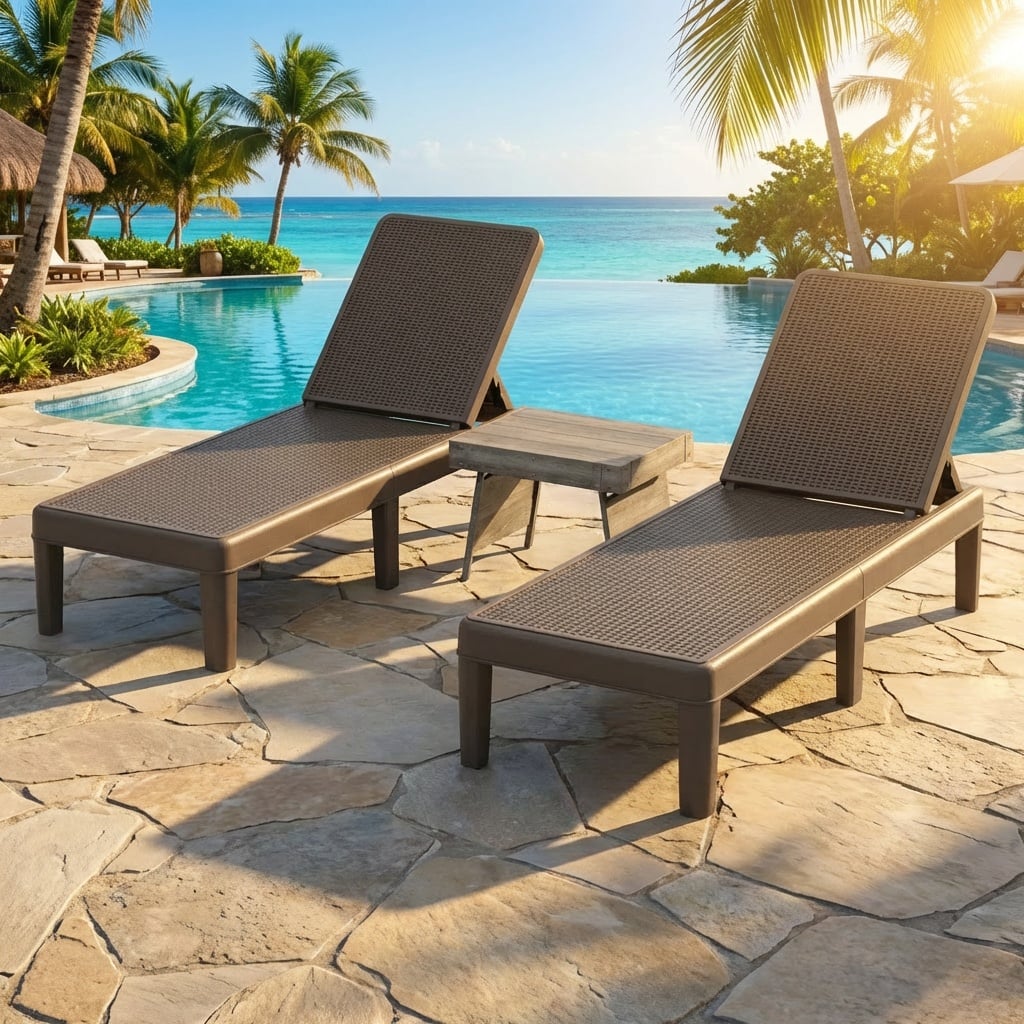 3-Piece Patio Set with 2 Adjustable Lounger Chairs and Rattan Side Table view 3