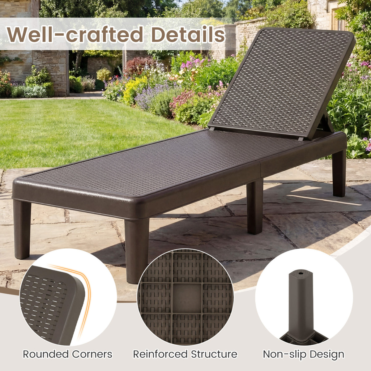 3-Piece Patio Set with 2 Adjustable Lounger Chairs and Rattan Side Table view 8