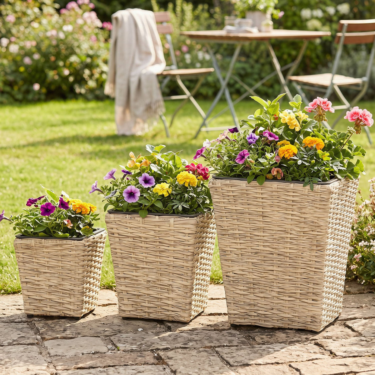 3-Piece Rattan Planter Box Kit with Removable Plastic Liners - Natural view 2
