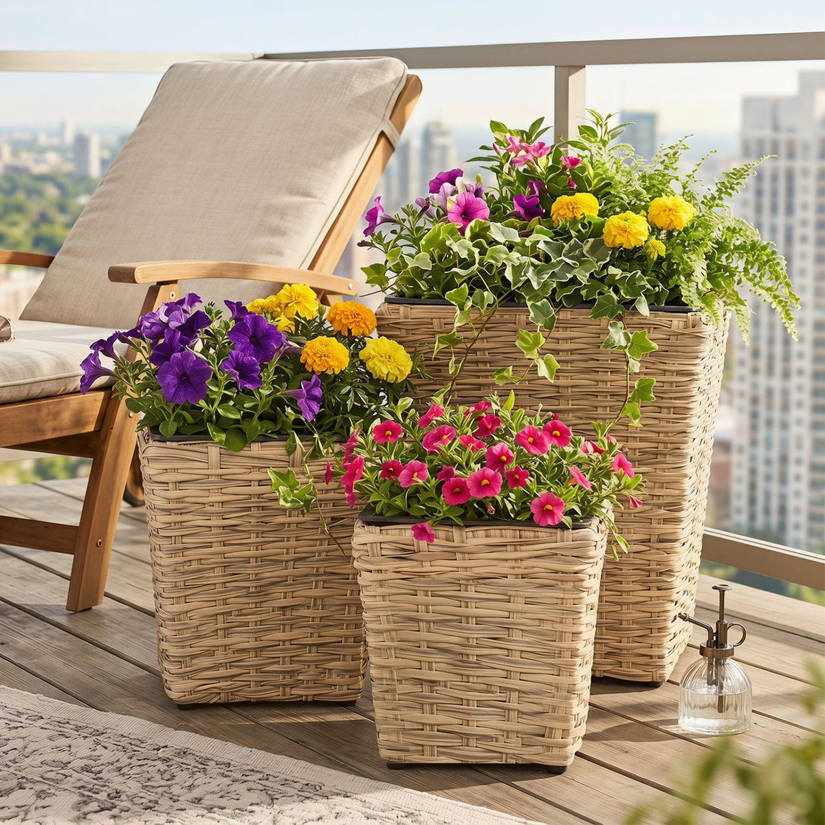 3-Piece Rattan Planter Box Kit with Removable Plastic Liners - Natural view 3