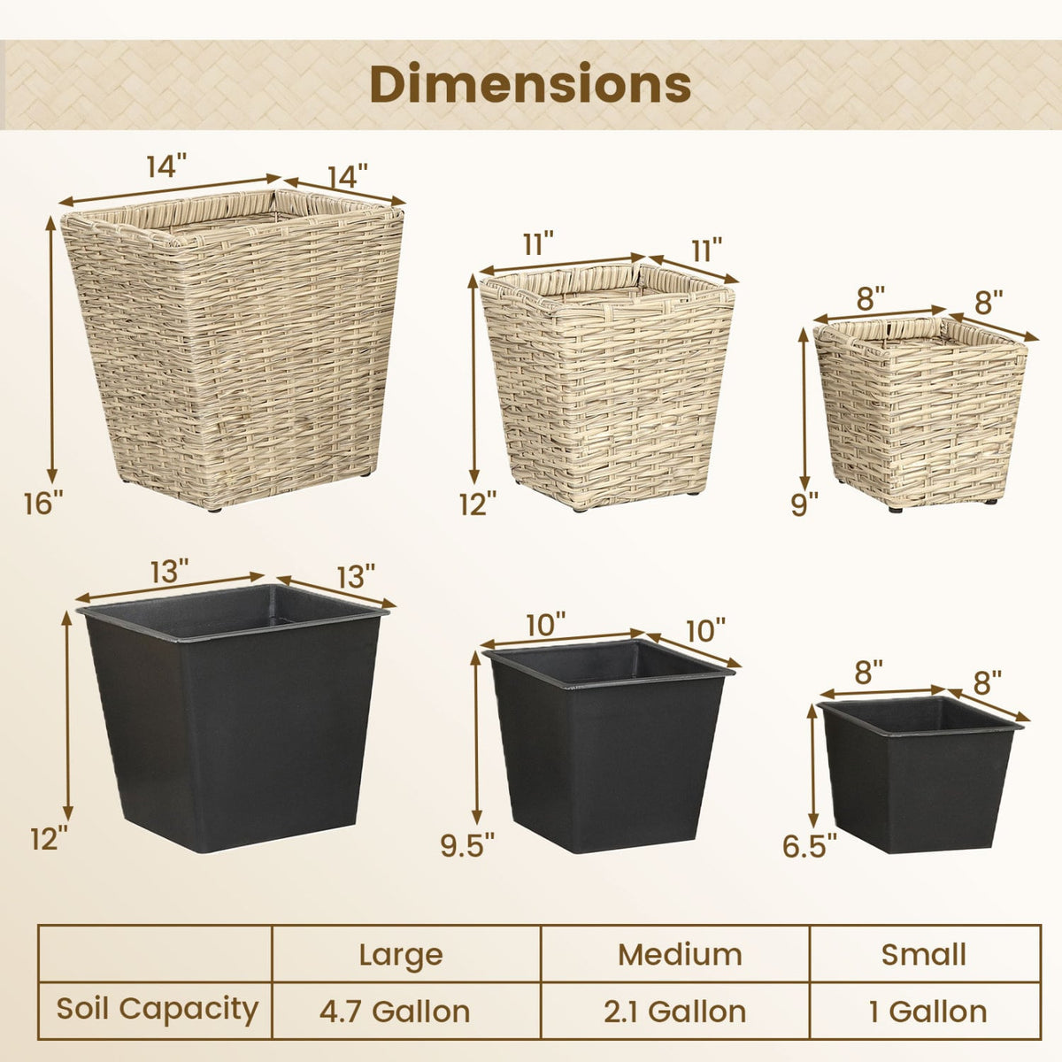 3-Piece Rattan Planter Box Kit with Removable Plastic Liners - Natural view 5