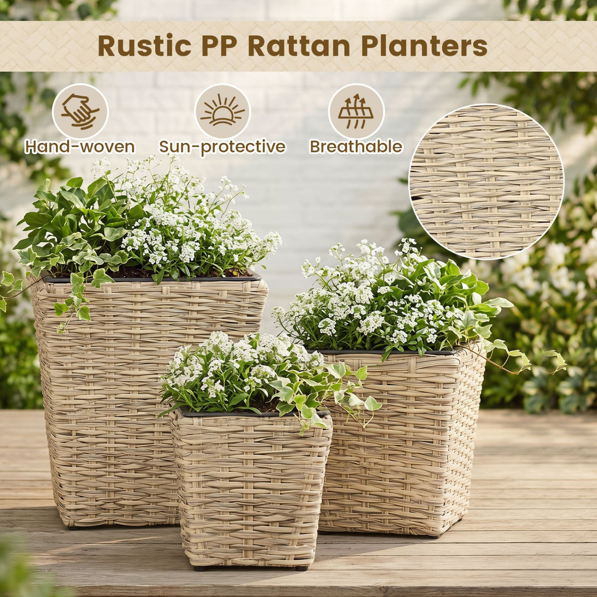 3-Piece Rattan Planter Box Kit with Removable Plastic Liners - Natural view 6