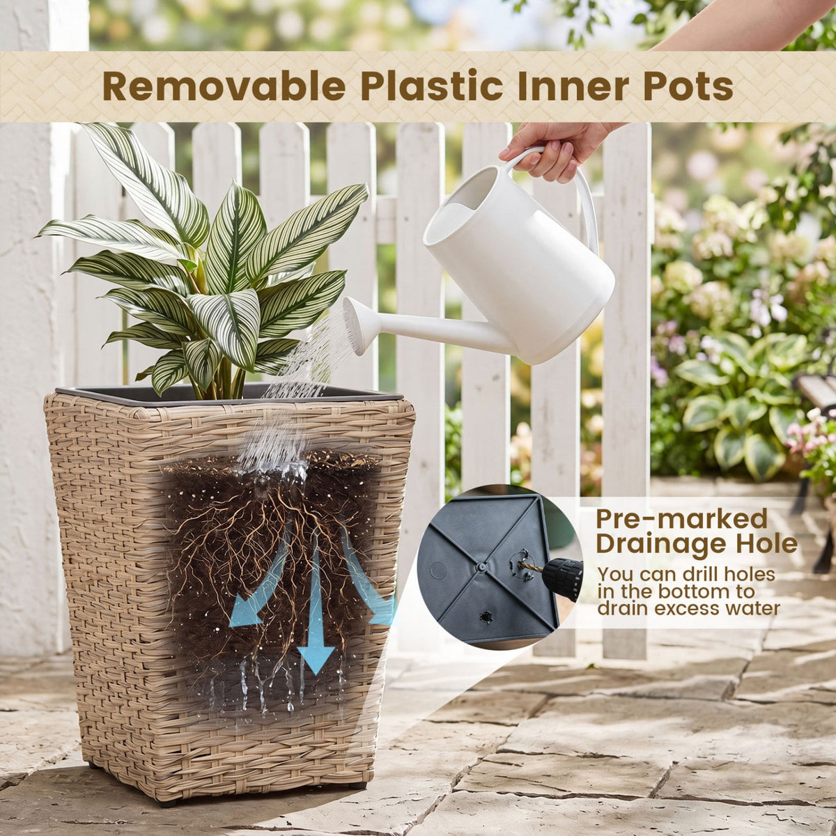 3-Piece Rattan Planter Box Kit with Removable Plastic Liners - Natural view 7