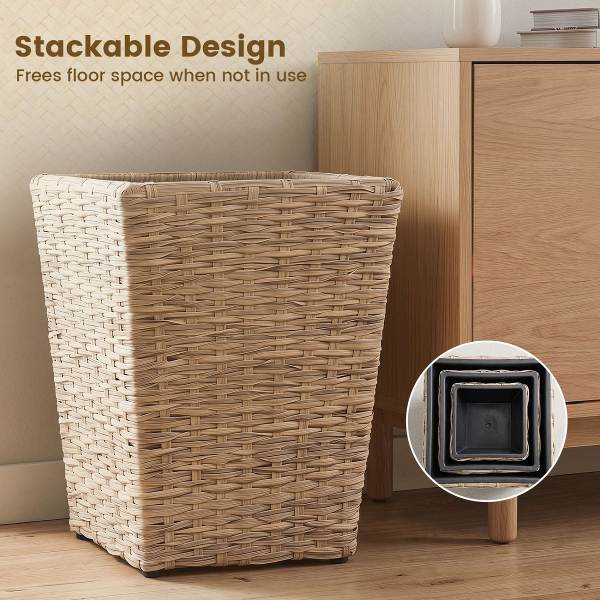 3-Piece Rattan Planter Box Kit with Removable Plastic Liners - Natural view 9