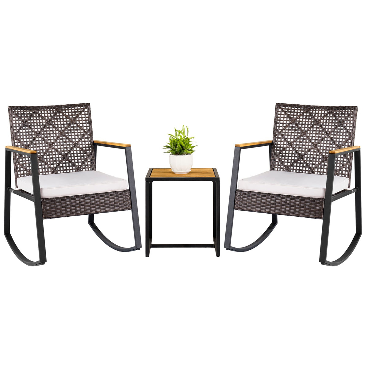 3-Piece Wicker Rocking Chair Set with Coffee Table and Cushions for Porch-Beige view 2