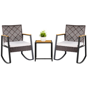 3-Piece Wicker Rocking Chair Set with Coffee Table and Cushions for Porch-Beige view 2