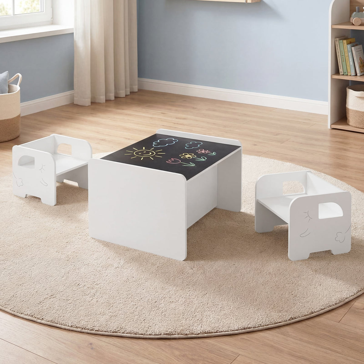3 Pieces Kids Table and Chair Set with Space-saving Toddler Table and 2 Chairs-White view 2