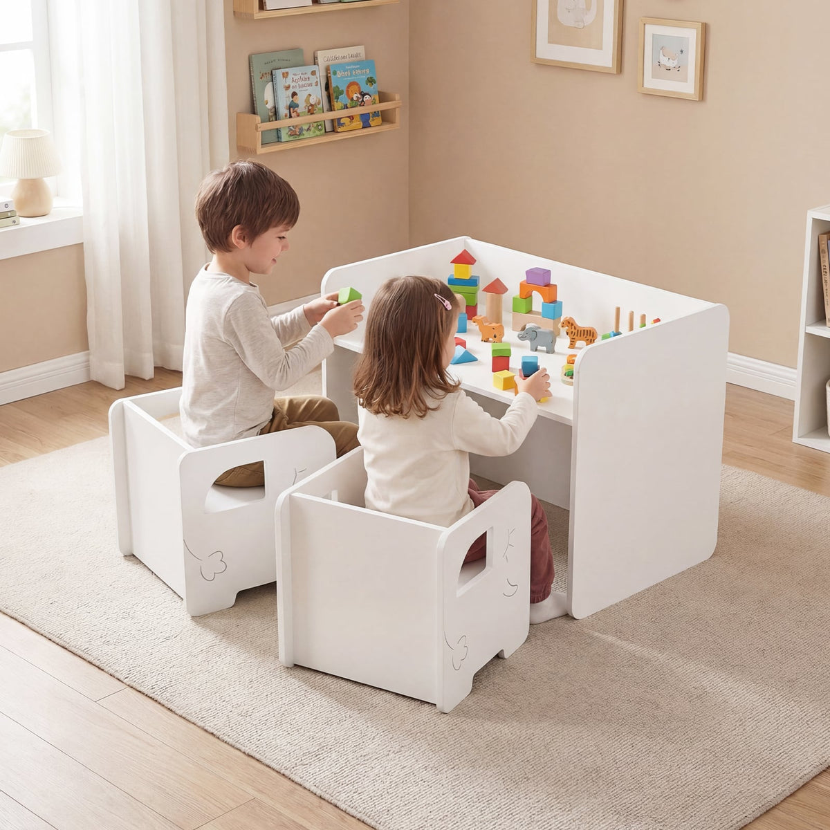 3 Pieces Kids Table and Chair Set with Space-saving Toddler Table and 2 Chairs-White view 3