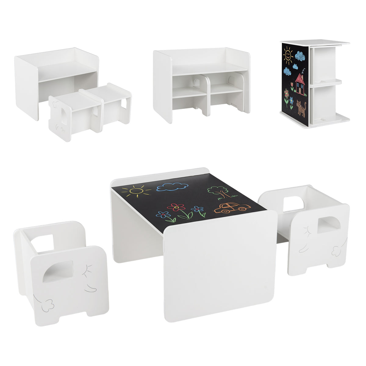 3 Pieces Kids Table and Chair Set with Space-saving Toddler Table and 2 Chairs-White