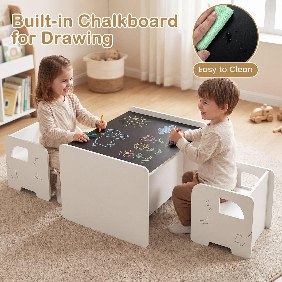 3 Pieces Kids Table and Chair Set with Space-saving Toddler Table and 2 Chairs-White view 6
