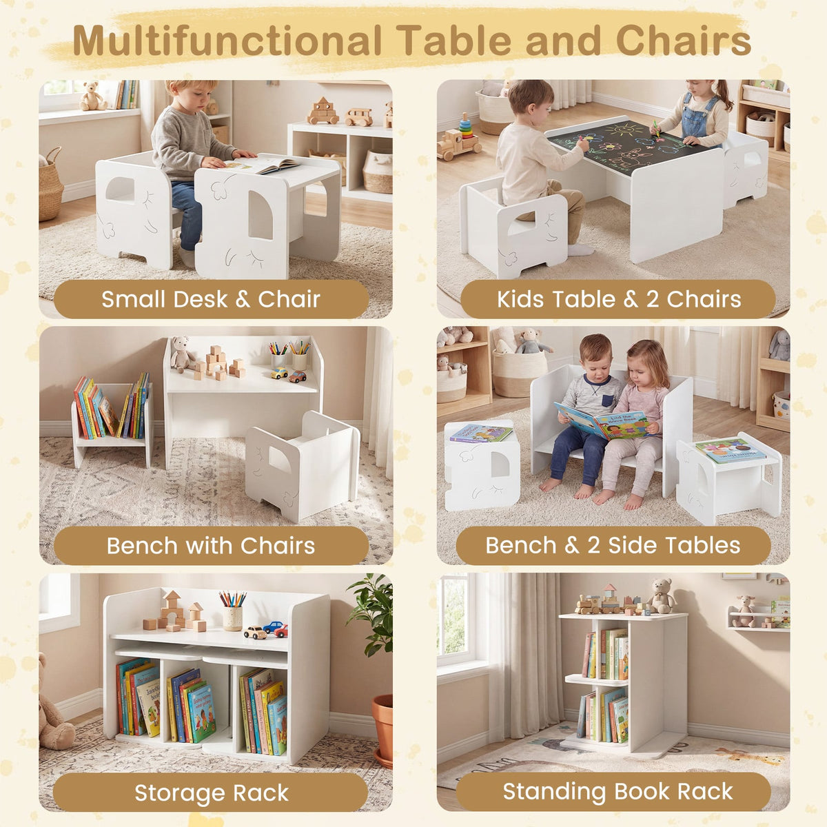 3 Pieces Kids Table and Chair Set with Space-saving Toddler Table and 2 Chairs-White view 7