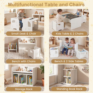 3 Pieces Kids Table and Chair Set with Space-saving Toddler Table and 2 Chairs-White view 7