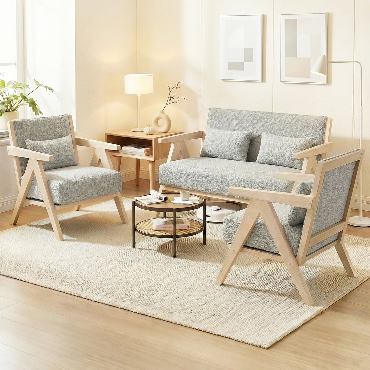 3 Pieces Living Room Furniture Set with Rubber Wood Frame-Gray view 2