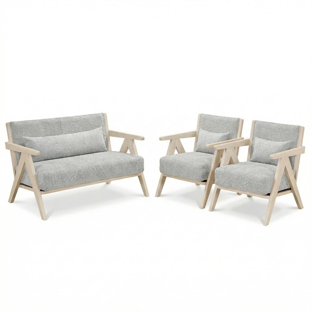 3 Pieces Living Room Furniture Set with Rubber Wood Frame-Gray