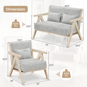 3 Pieces Living Room Furniture Set with Rubber Wood Frame-Gray view 4