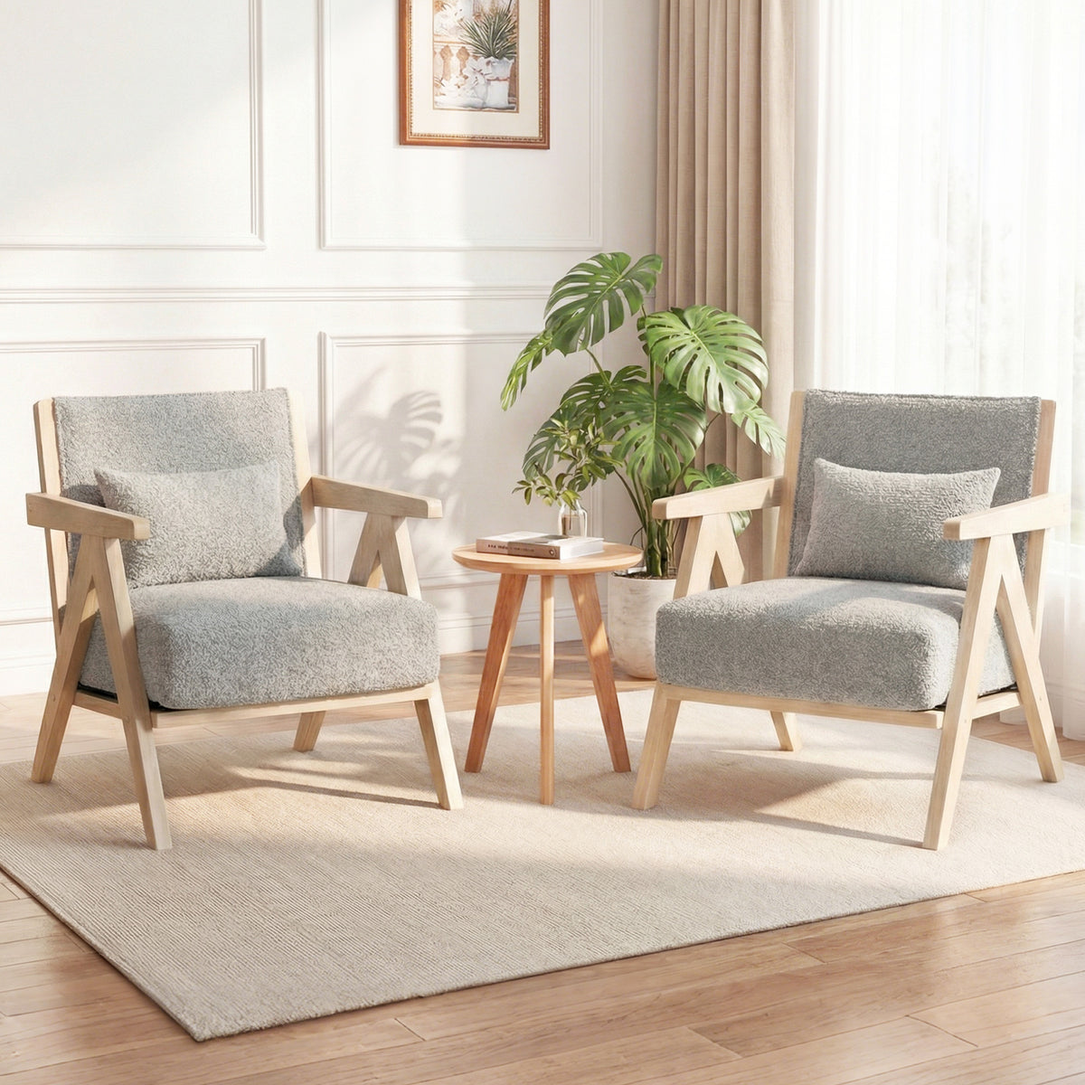 3 Pieces Living Room Furniture Set with Rubber Wood Frame-Gray view 5