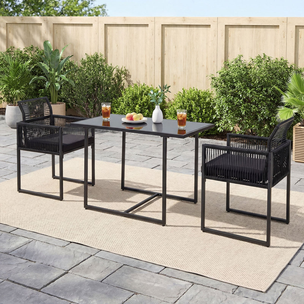 3 Pieces Outdoor Dining Set with Folding Backrest and Seat Cushion-Black view 3