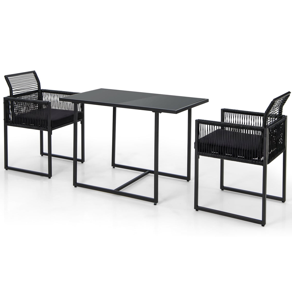 3 Pieces Outdoor Dining Set with Folding Backrest and Seat Cushion-Black