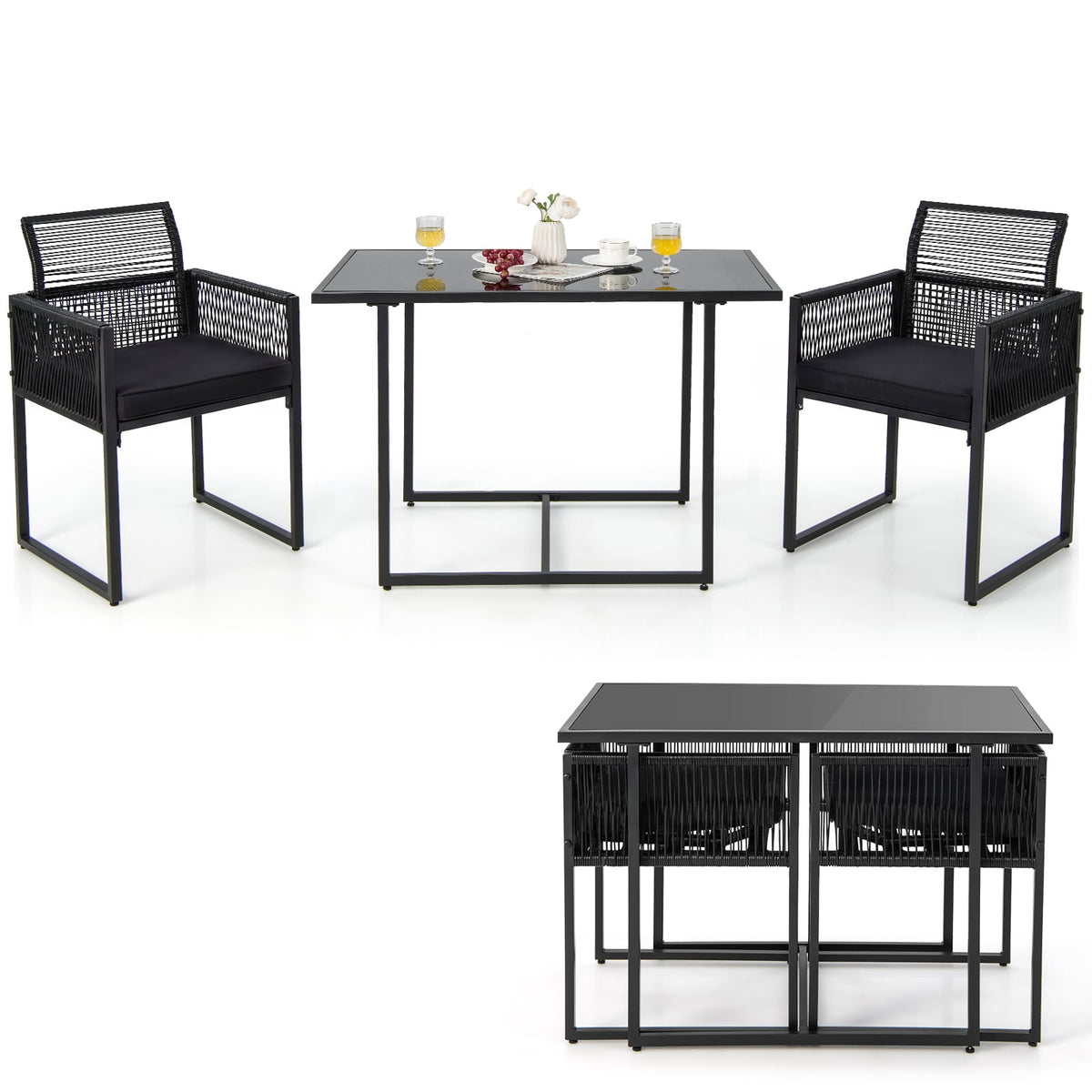 3 Pieces Outdoor Dining Set with Folding Backrest and Seat Cushion-Black view 4