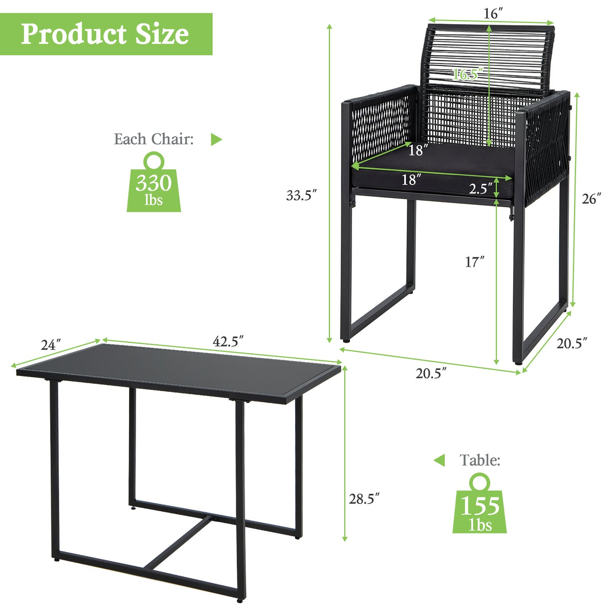 3 Pieces Outdoor Dining Set with Folding Backrest and Seat Cushion-Black view 5