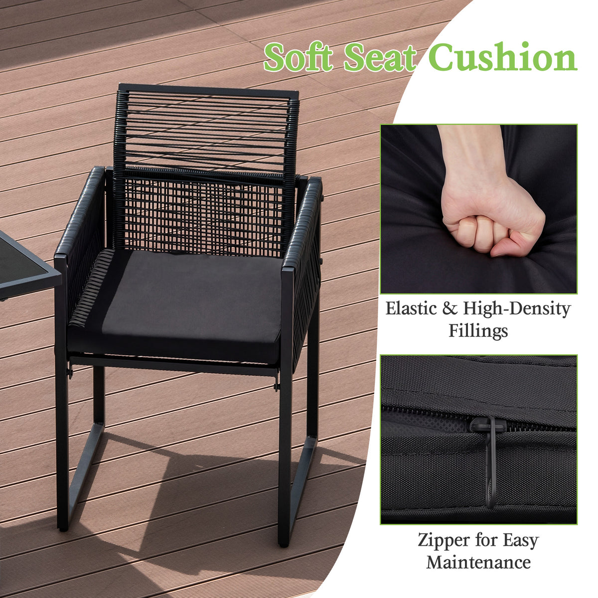 3 Pieces Outdoor Dining Set with Folding Backrest and Seat Cushion-Black view 6